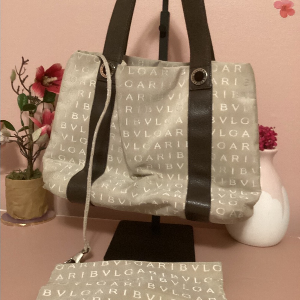 Bulgari Beige Logo Canvas Tote with Dark Brown Straps